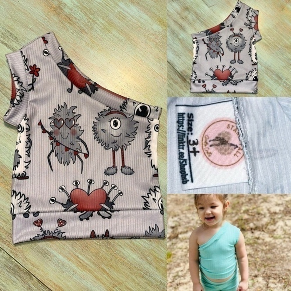 Charlotte Single Shoulder Top Valentine Monster Print size 3T new